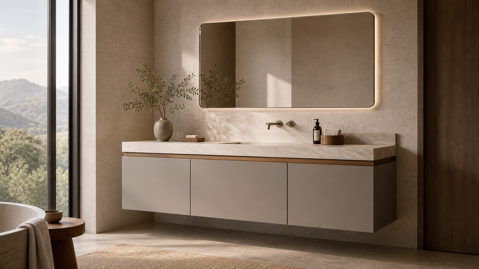 Suite de Baño y Tocador Verve con Atelier de Lavabo Quartz Veil estudio de adaptación
