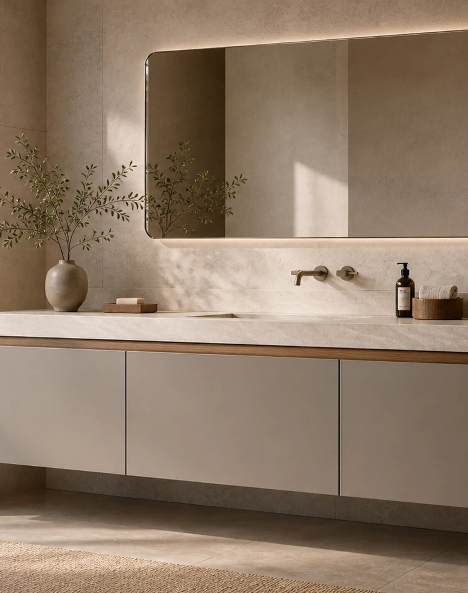 Fadior Verve Bath and Vanity Suite with Quartz Veil Wash Atelier — lifestyle setting with natural light and residential