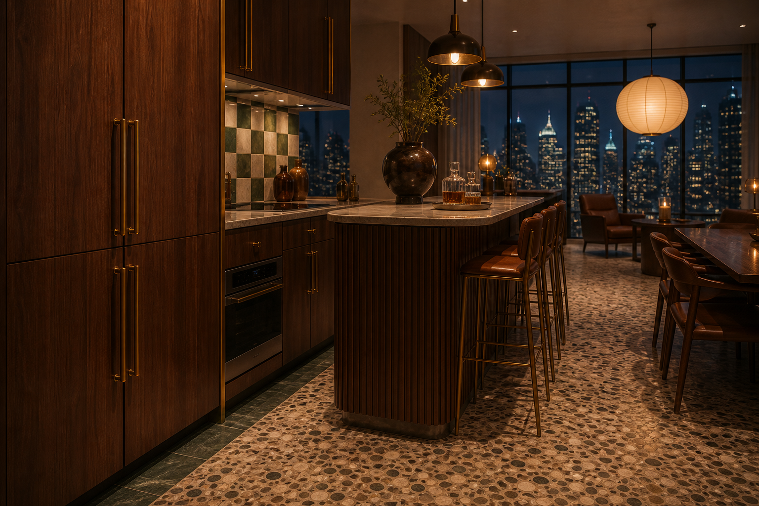 Fadior Dubai Skyline Penthouse — Dubai finish study with walnut cabinet face, terrazzo floor, checkerboard tile,