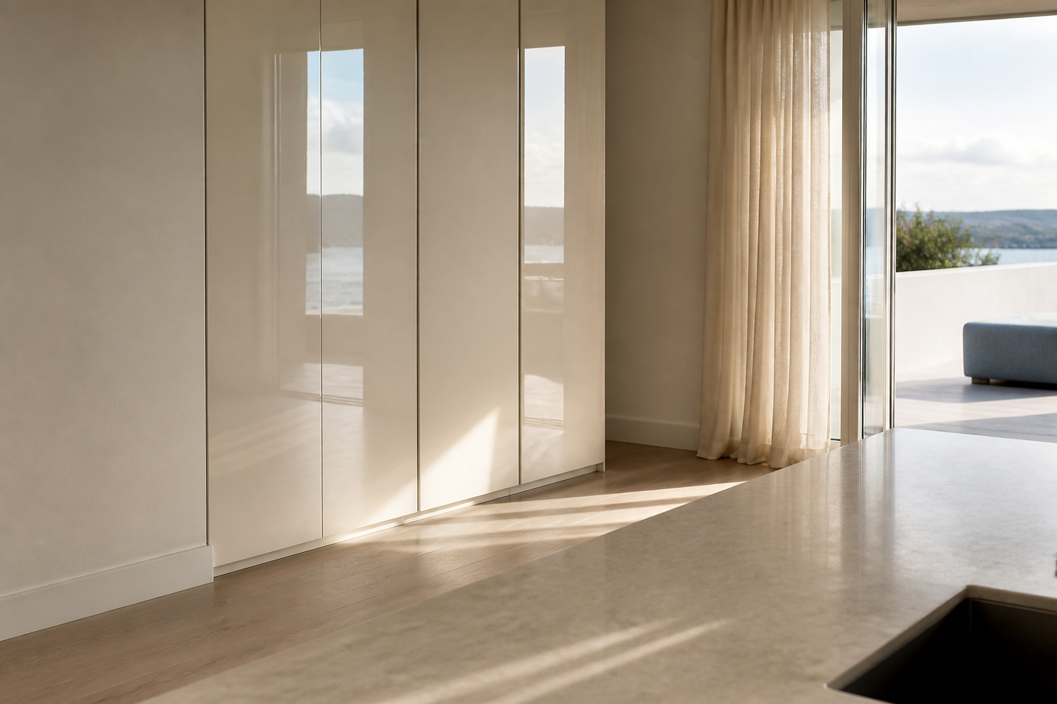 Fadior Wellington 420 sqm Kitchen Villa — Wellington villa stone counter, ivory cabinet, timber floor, drapery,