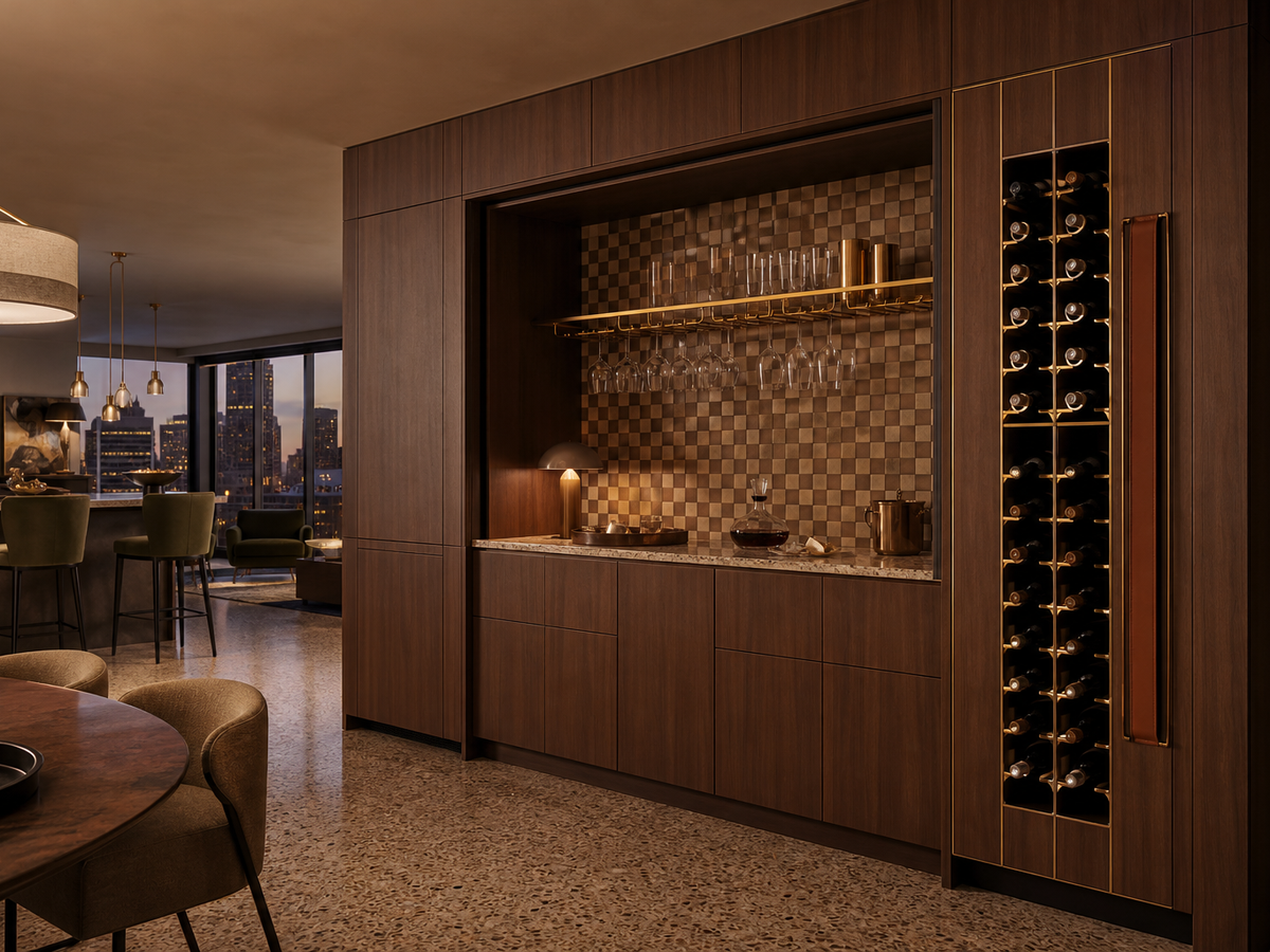 Fadior Gloria Wine Cabinet Suite with Cognac Gallery Tasting Bar — 304 stainless steel wine cabinet system, front view