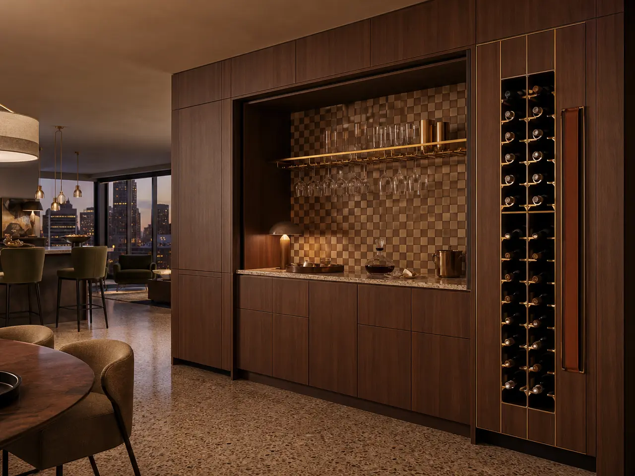 Fadior Gloria Wine Cabinet Suite with Cognac Gallery Tasting Bar - built-in stainless steel wine cabinet with bottle display, glass-front storage, lighting, and closed reserve storage