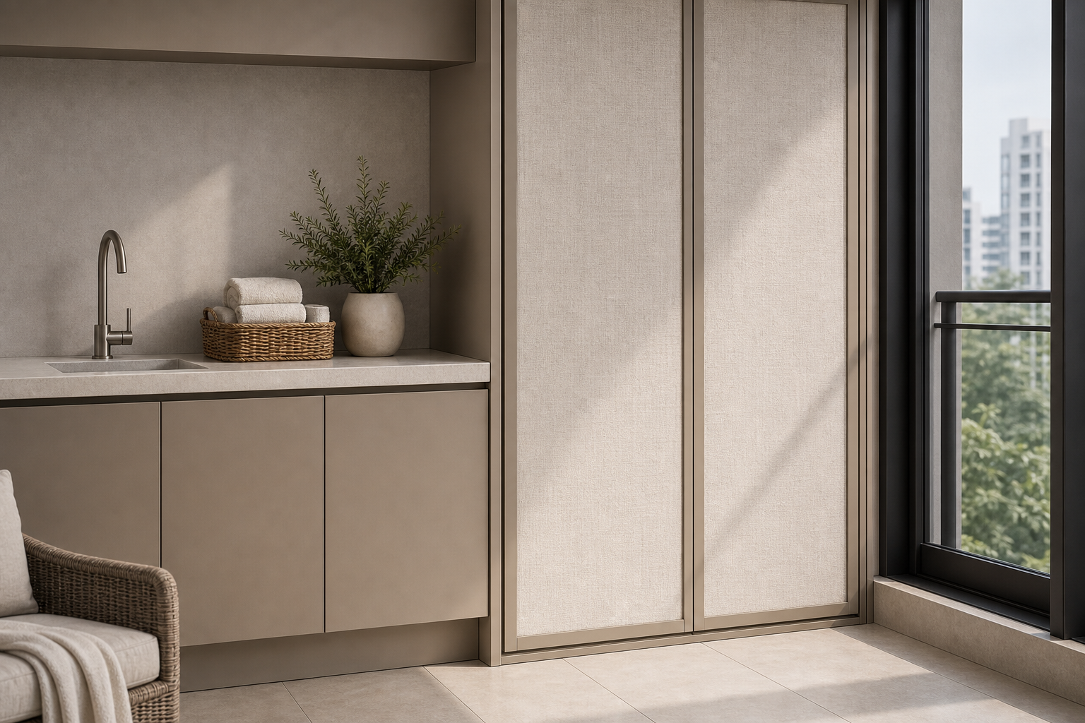 Fadior Cannes Balcony Suite with Linen Service Screen — lifestyle setting with natural light and residential styling