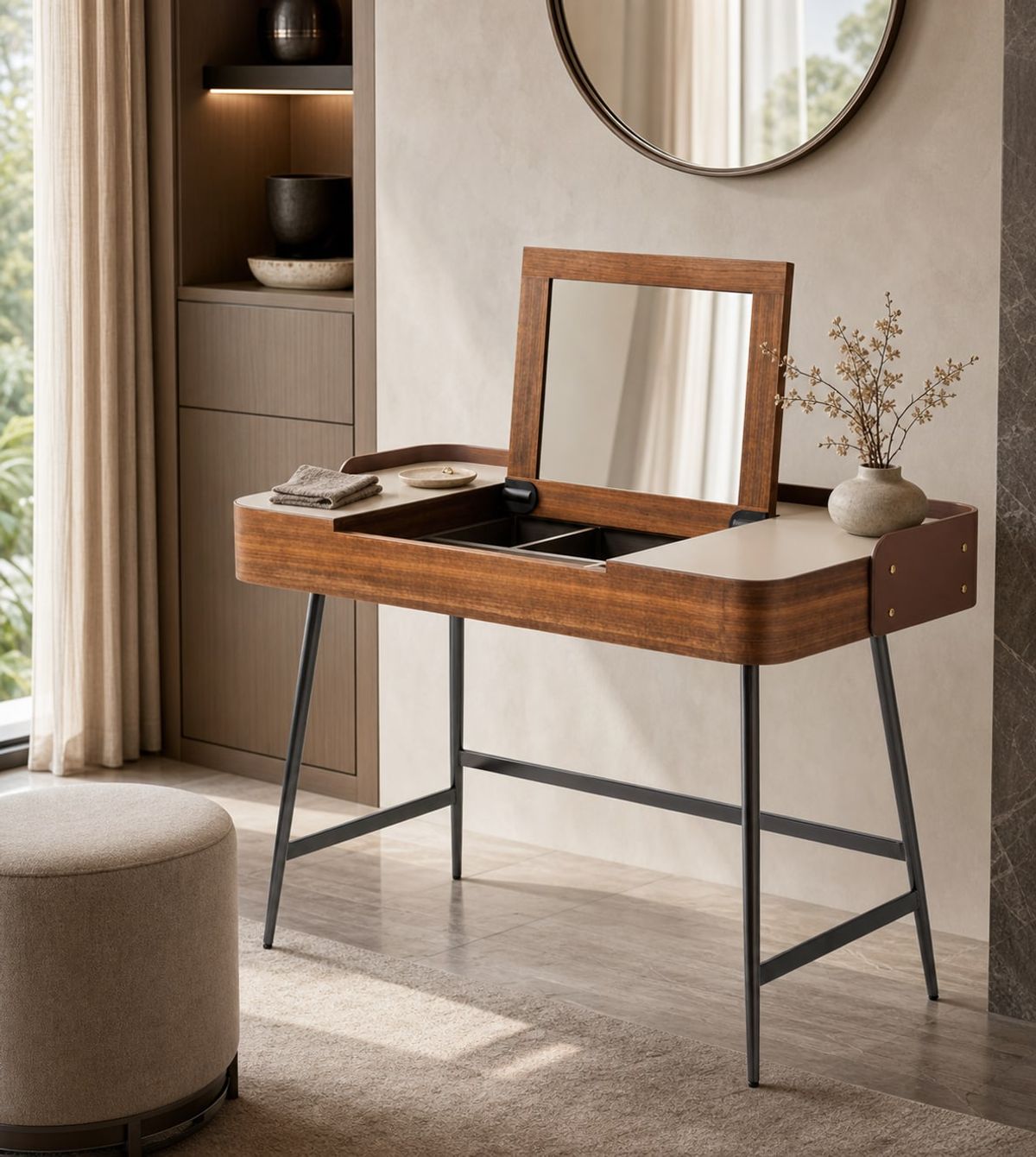 Leather-Accent Dressing Table (Microfiber saddle leather) styled in a FADIOR HOME interior setting
