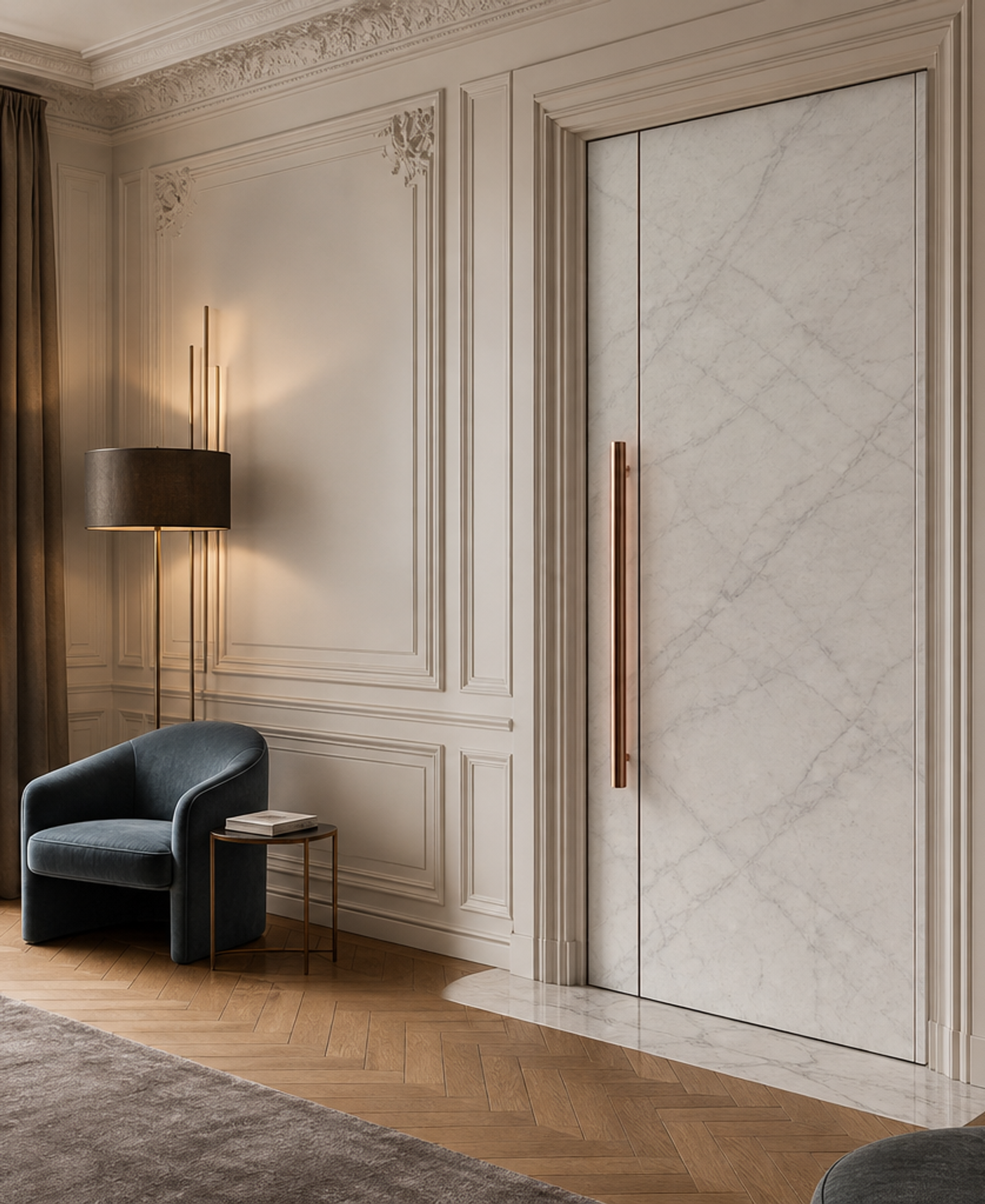 Fadior Silhouette Interior Door Suite with Carrara Panel Passage Slab — 304 stainless steel interior door system, front view