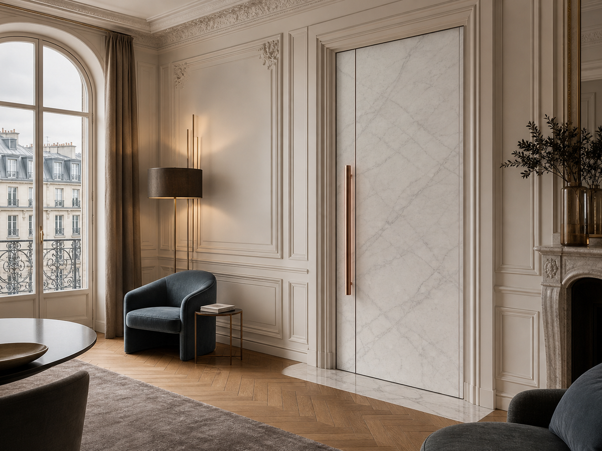 Fadior Silhouette Interior Door Suite with Carrara Panel Passage Slab — 304 stainless steel interior door system, front view