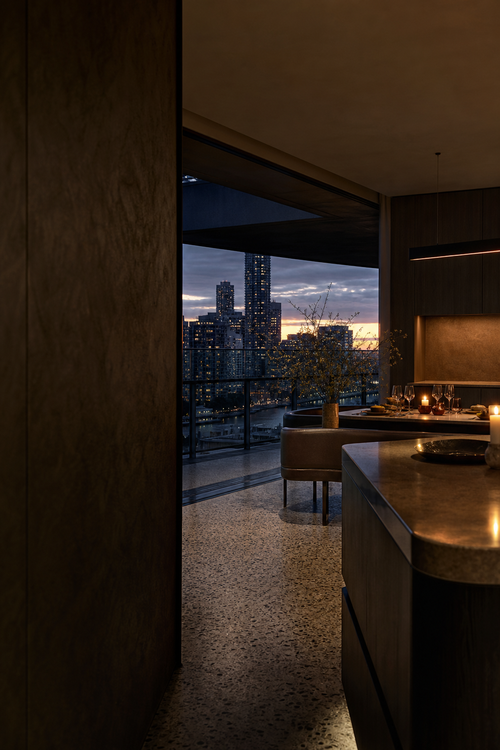 Fadior Brisbane 180 sqm Kitchen Penthouse — balcony threshold, island edge, dining banquette, skyline window, terrazzo floor