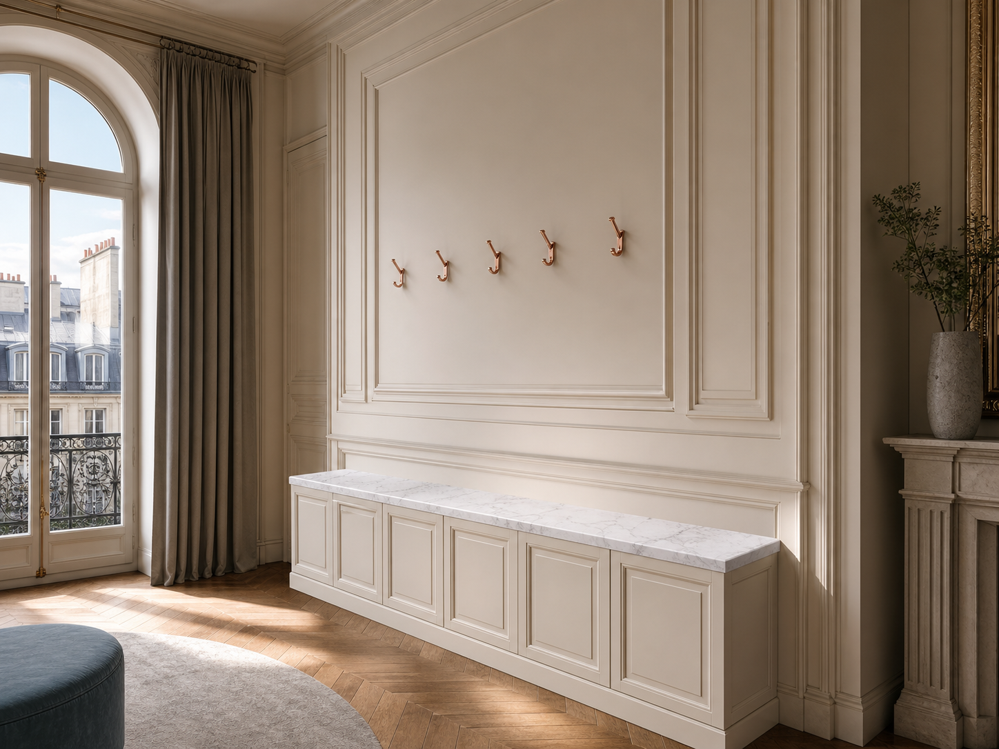 Fadior Savile Entryway Suite with Marble Keydrop Valet Bench — interior room context showing cabinet integration
