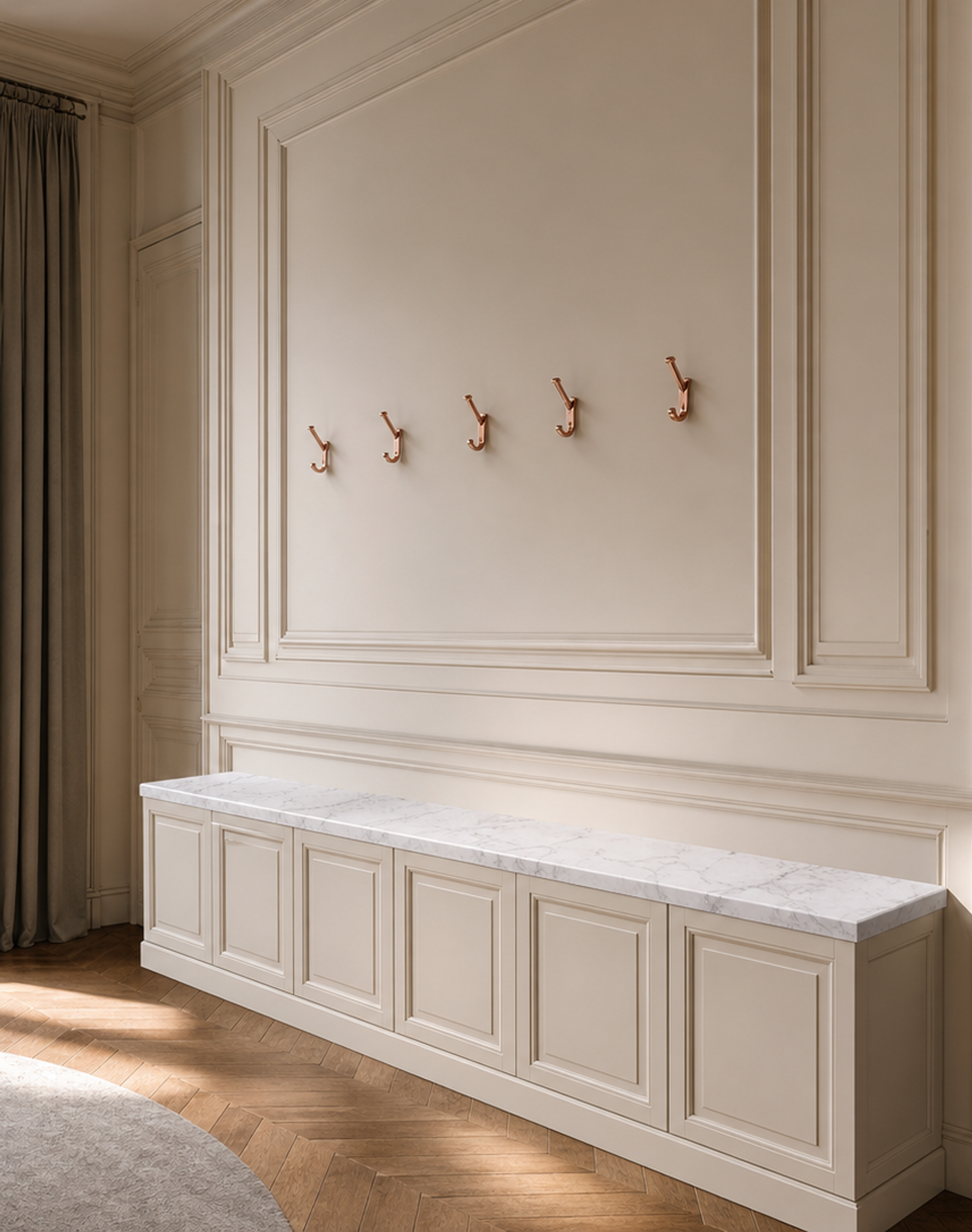 Fadior Savile Entryway Suite with Marble Keydrop Valet Bench — interior room context showing cabinet integration