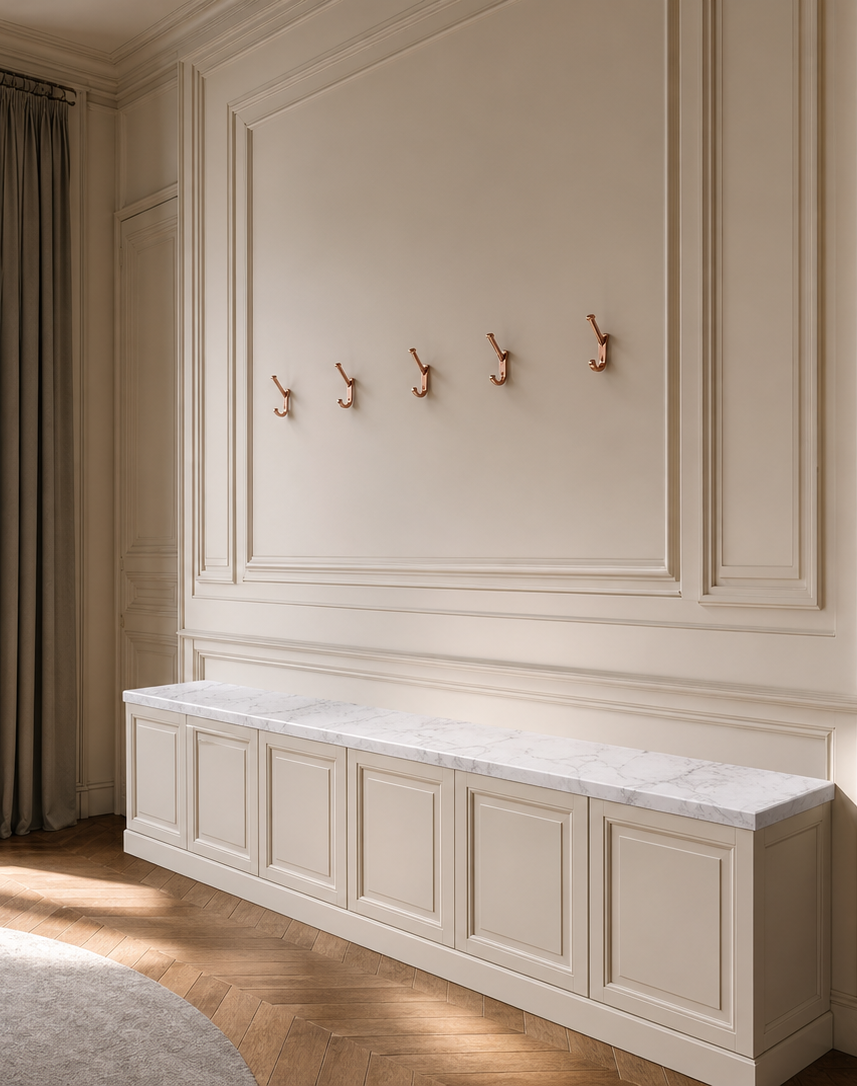 Fadior Savile Entryway Suite with Marble Keydrop Valet Bench — interior room context showing cabinet integration