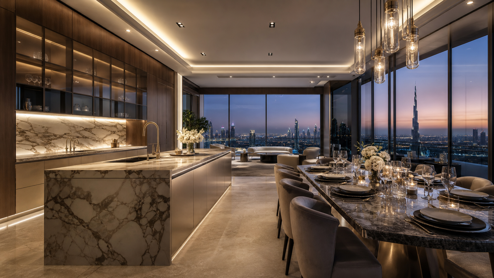 Fadior Dubai 185 sqm Kitchen Penthouse — Dubai dining table, island, cabinet wall, glass window, skyline