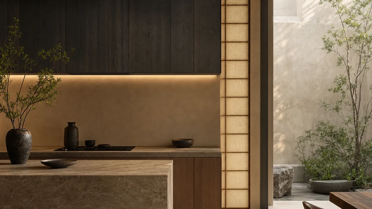 Gulf villa kitchen atmosphere with rough stone, oak cabinetry, and shaded terrace for material truth.