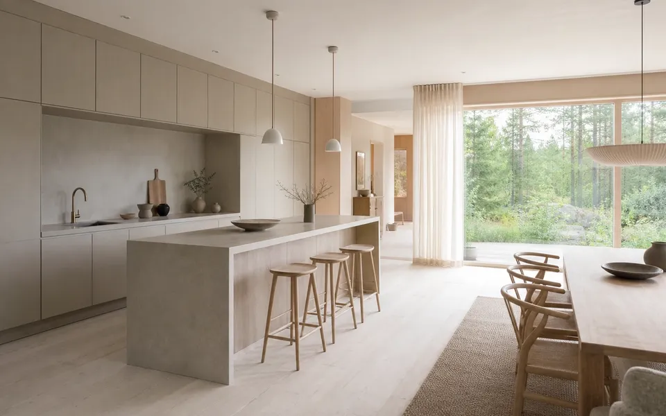 Fadior Helsinki 120 sqm Kitchen Bath Villa — pale island, cabinetry, ash dining chairs, garden window — 304 stainless steel cabinetry installation by Fadior