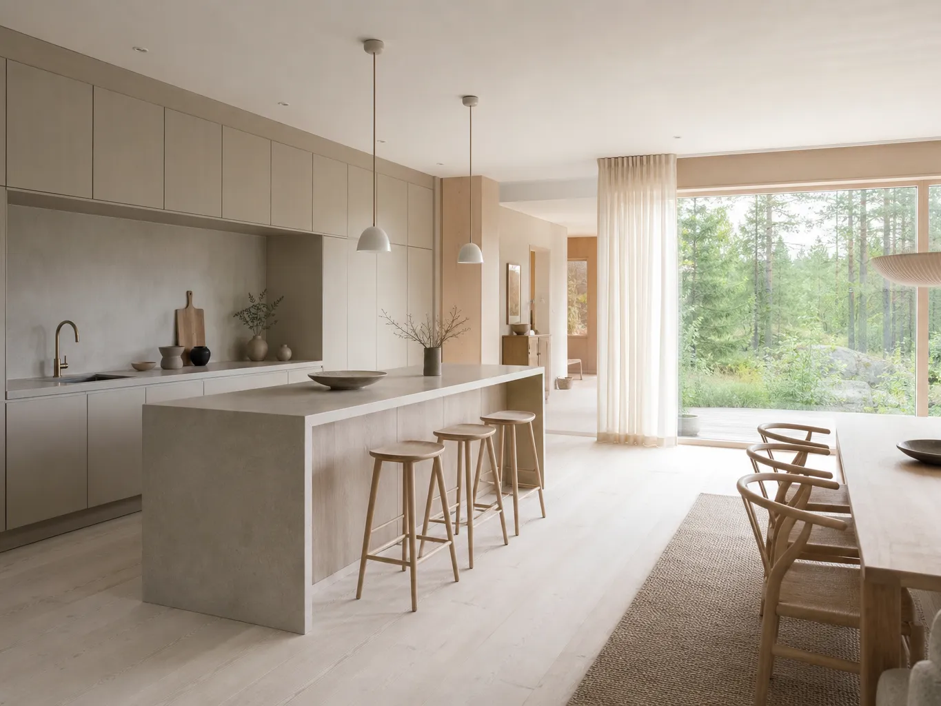 Fadior Helsinki 120 sqm Kitchen Bath Villa — pale island, cabinetry, ash dining chairs, garden window