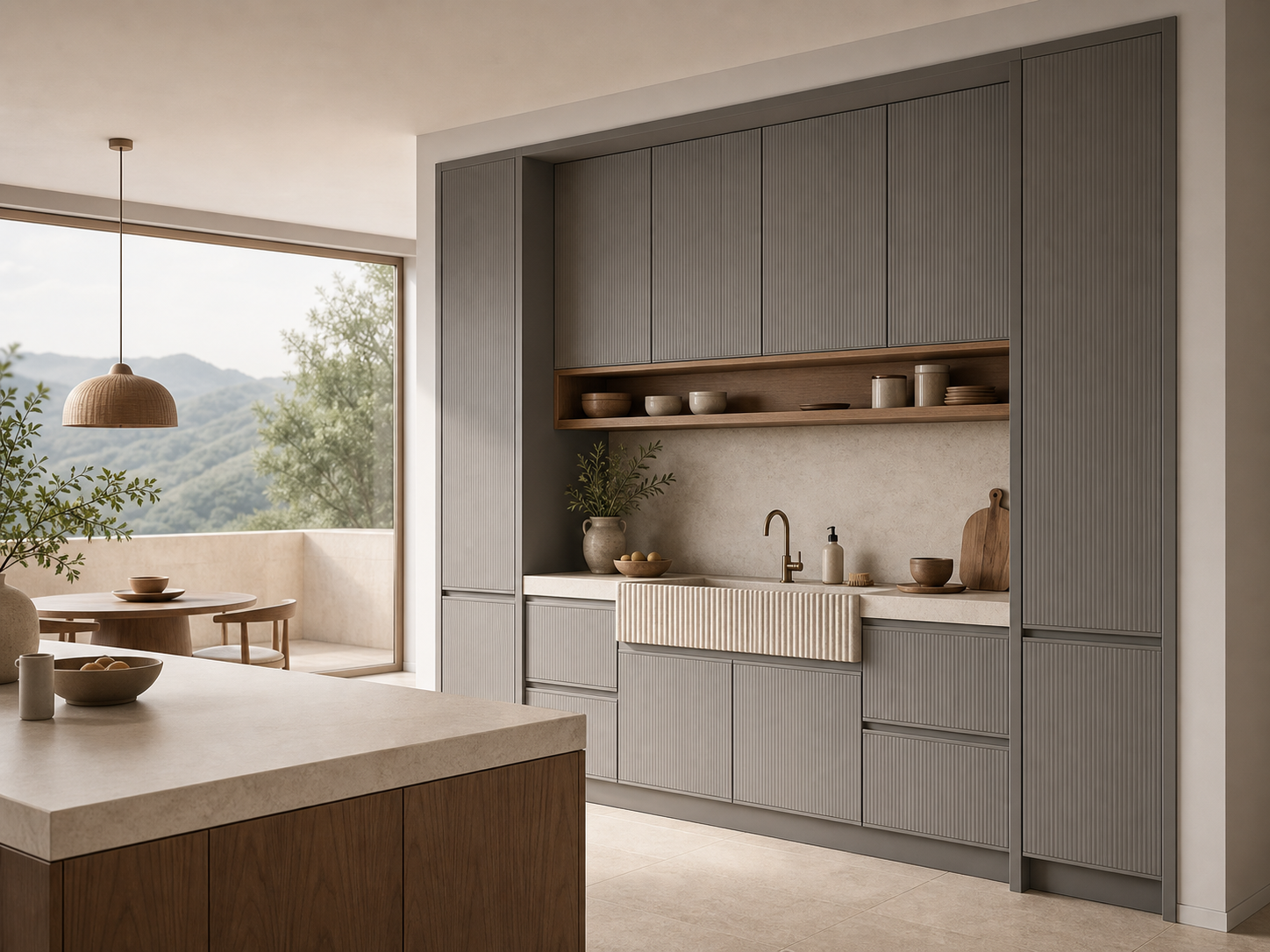 Fadior Meridian Kitchen Suite with Fluted Limestone Rinse Bar — interior room context showing cabinet integration