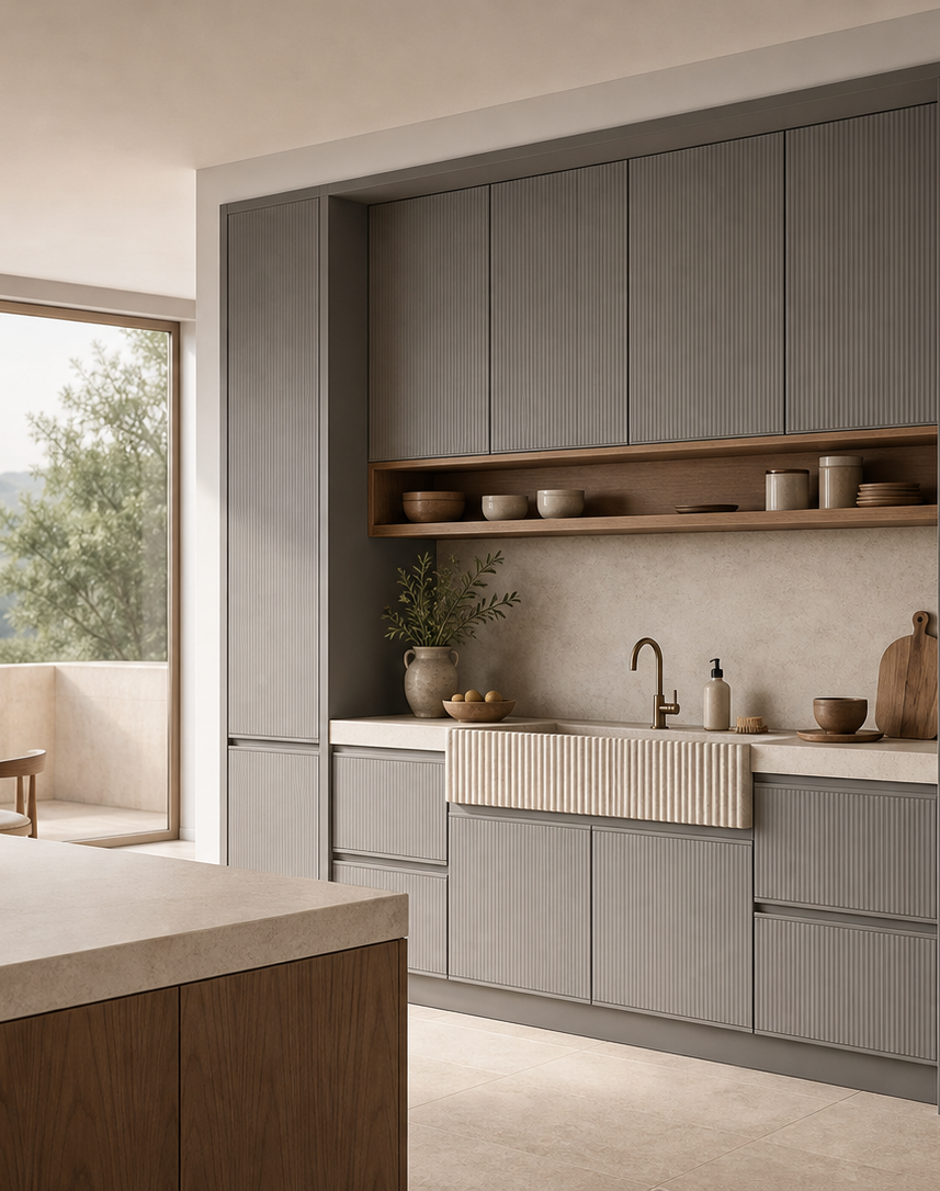 Fadior Meridian Kitchen Suite with Fluted Limestone Rinse Bar — interior room context showing cabinet integration