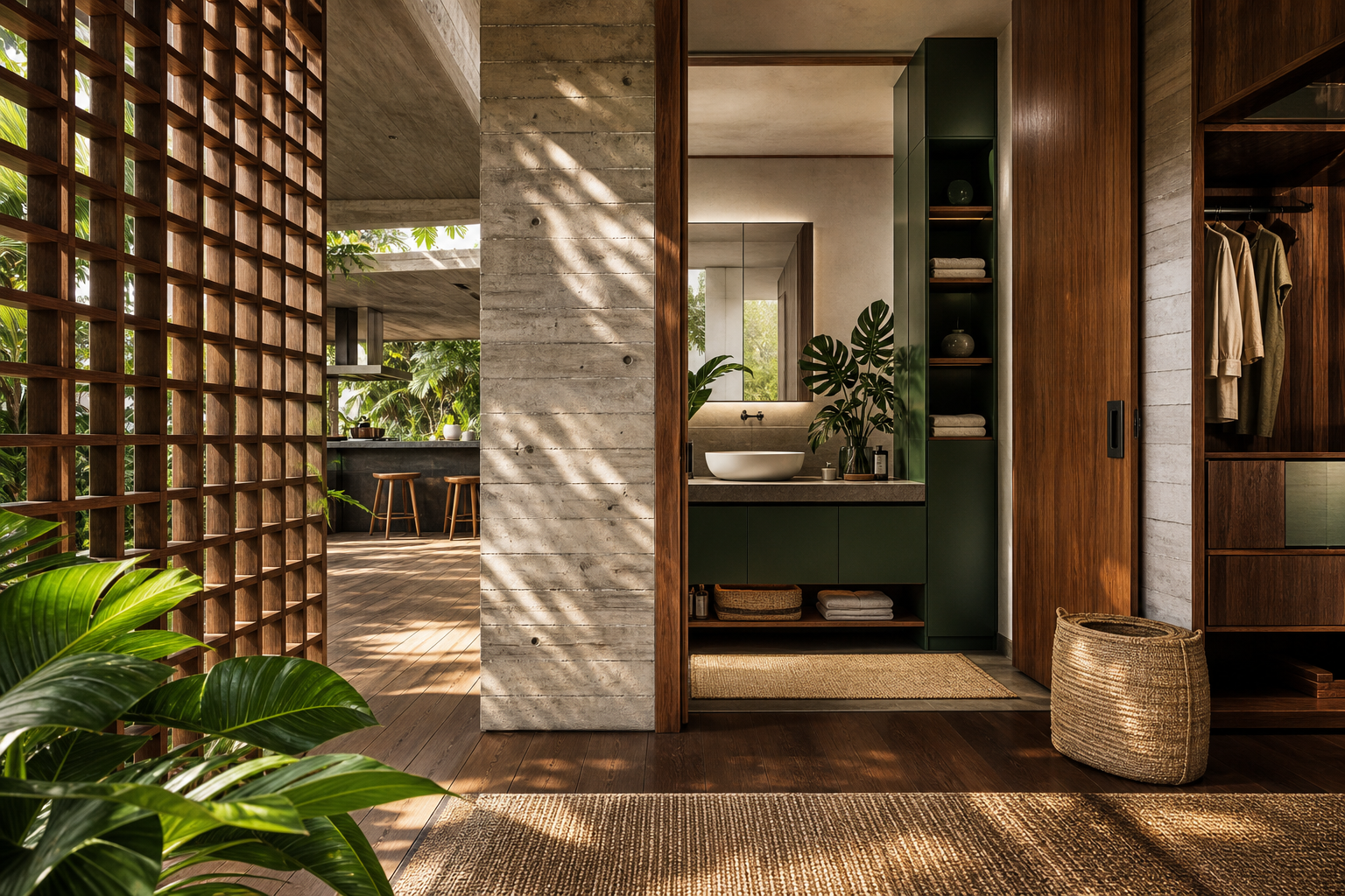 Fadior Milan 120 sqm Kitchen Penthouse — Milan bath vanity with cabinet, counter, mirror, concrete wall, hardwood door, and woven basket