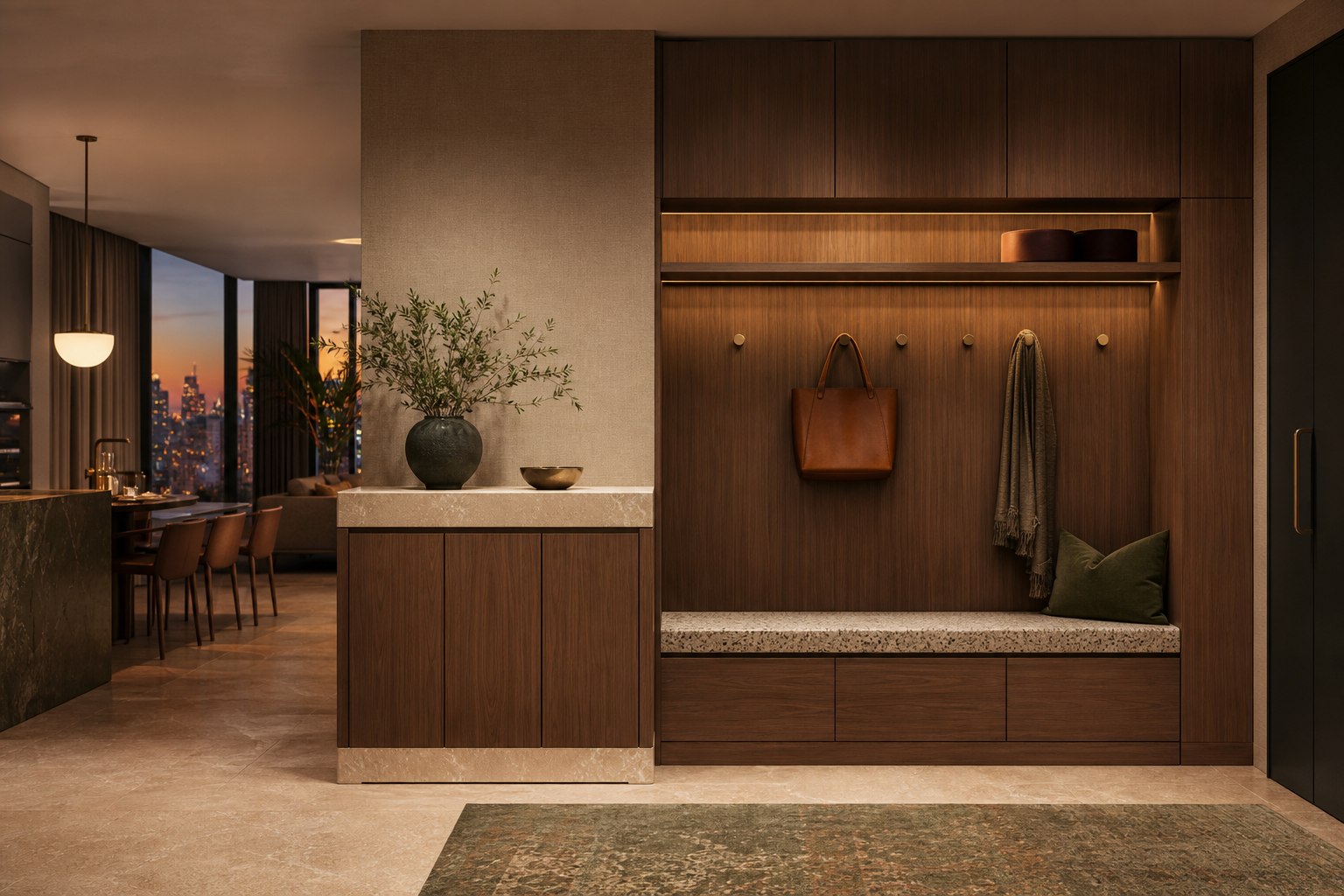Fadior Ecliptic Entryway Suite with Limestone Threshold Valet Cabinet — 304 stainless steel entryway system, front view