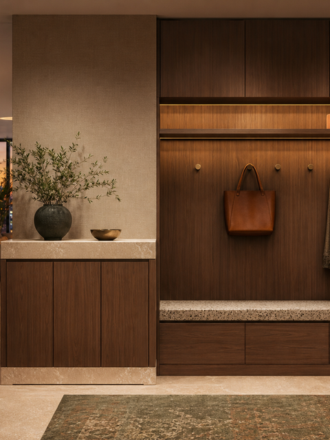 Fadior Ecliptic Entryway Suite with Limestone Threshold Valet Cabinet — 304 stainless steel entryway system, front view