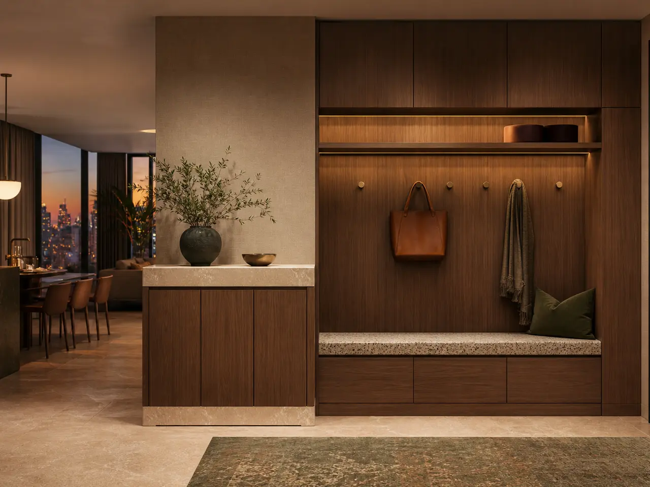 Fadior Ecliptic Entryway Suite with Limestone Threshold Valet Cabinet — 304 stainless steel entryway system, front view