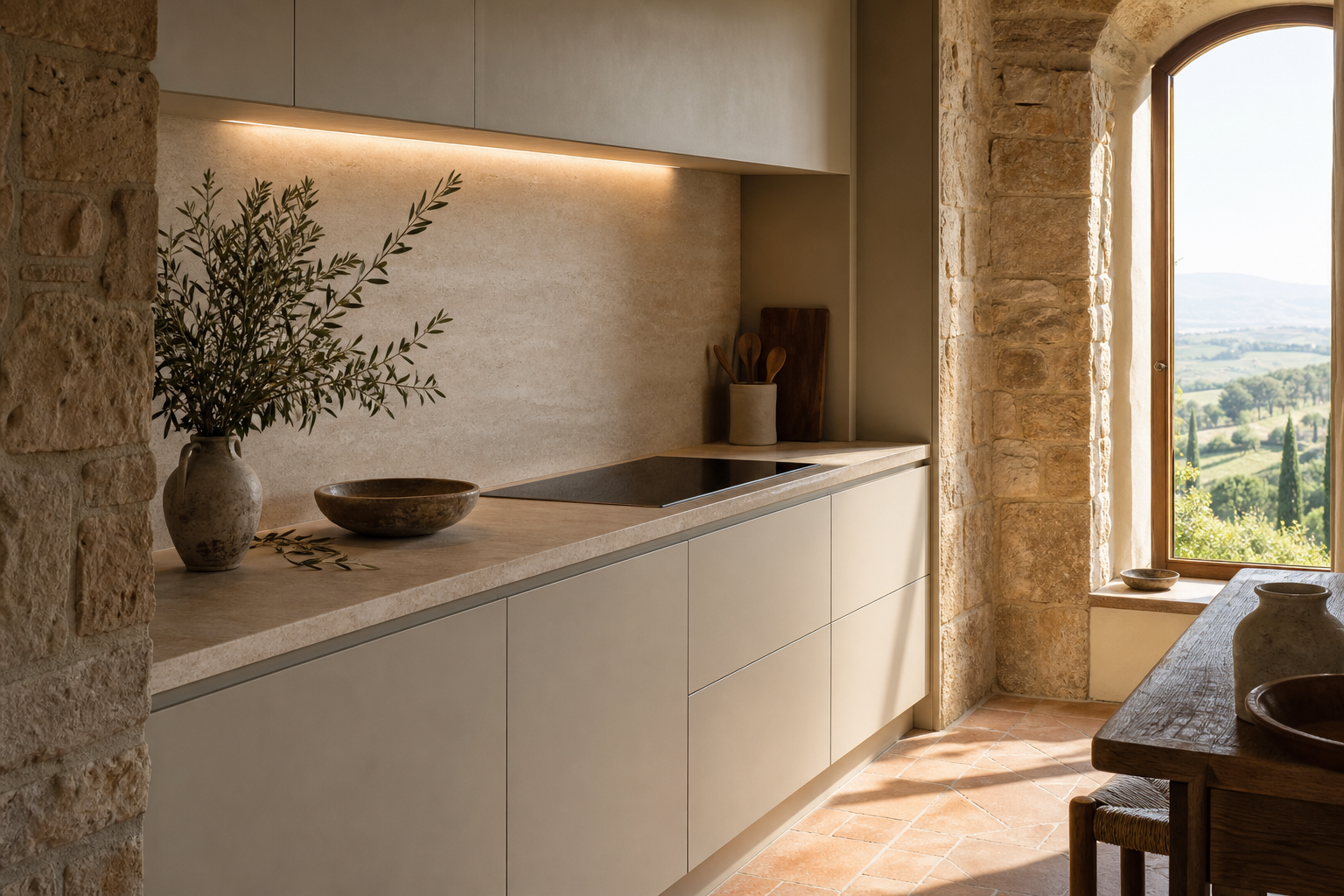 Fadior Siena Compact Residence — kitchen counter, cabinet fronts, olive branches, terracotta floor, arched window, Tuscan hills