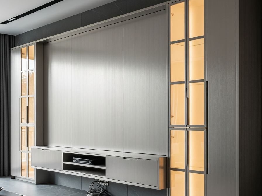 Fadior Essence Media Wall — 304 stainless steel living room system, front view