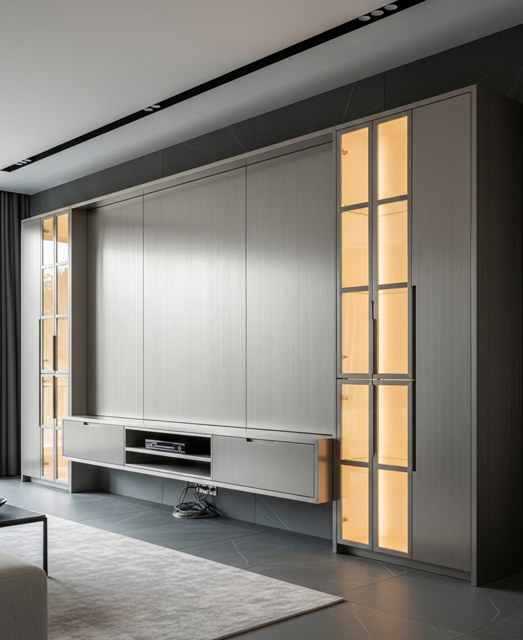 Fadior Essence Media Wall — 304 stainless steel living room system, front view