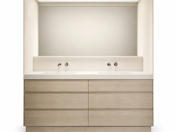 Fadior Nacre Bath and Vanity Suite with Oyster Skylight Wash Plinth — 304 stainless steel bath and vanity system, front view