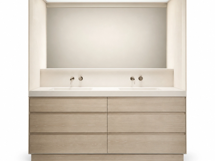 Fadior Nacre Bath and Vanity Suite with Oyster Skylight Wash Plinth — 304 stainless steel bath and vanity system, front view
