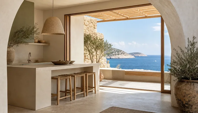 Mediterranean kitchen atmosphere with matte 304 cabinetry, limestone walls, and coastal light for Gulf villas. — 304 stainless steel cabinetry editorial by Fadior