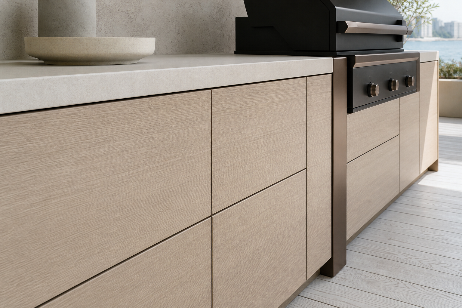 Fadior Vantage Outdoor Kitchen Suite with Cafe Bronze Grill Workwall — close-up of stainless steel finish and hardware detail