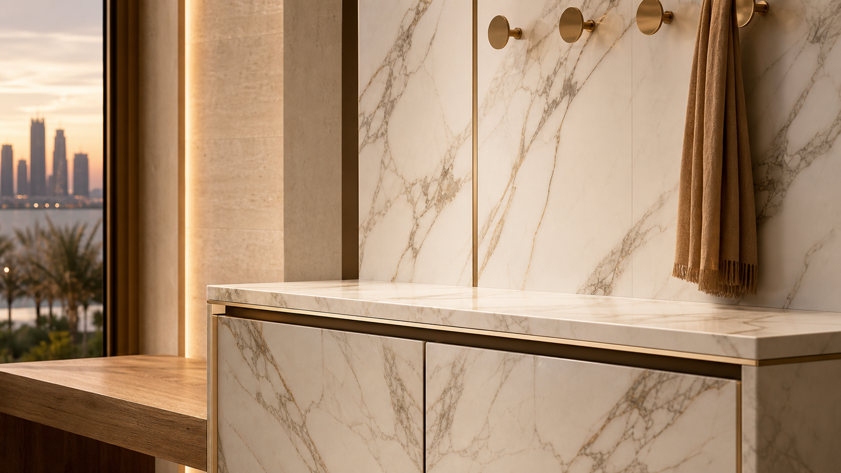 Fadior Loggia Entryway Suite with Italianate Marble Parcel Console — close-up of stainless steel finish and hardware detail