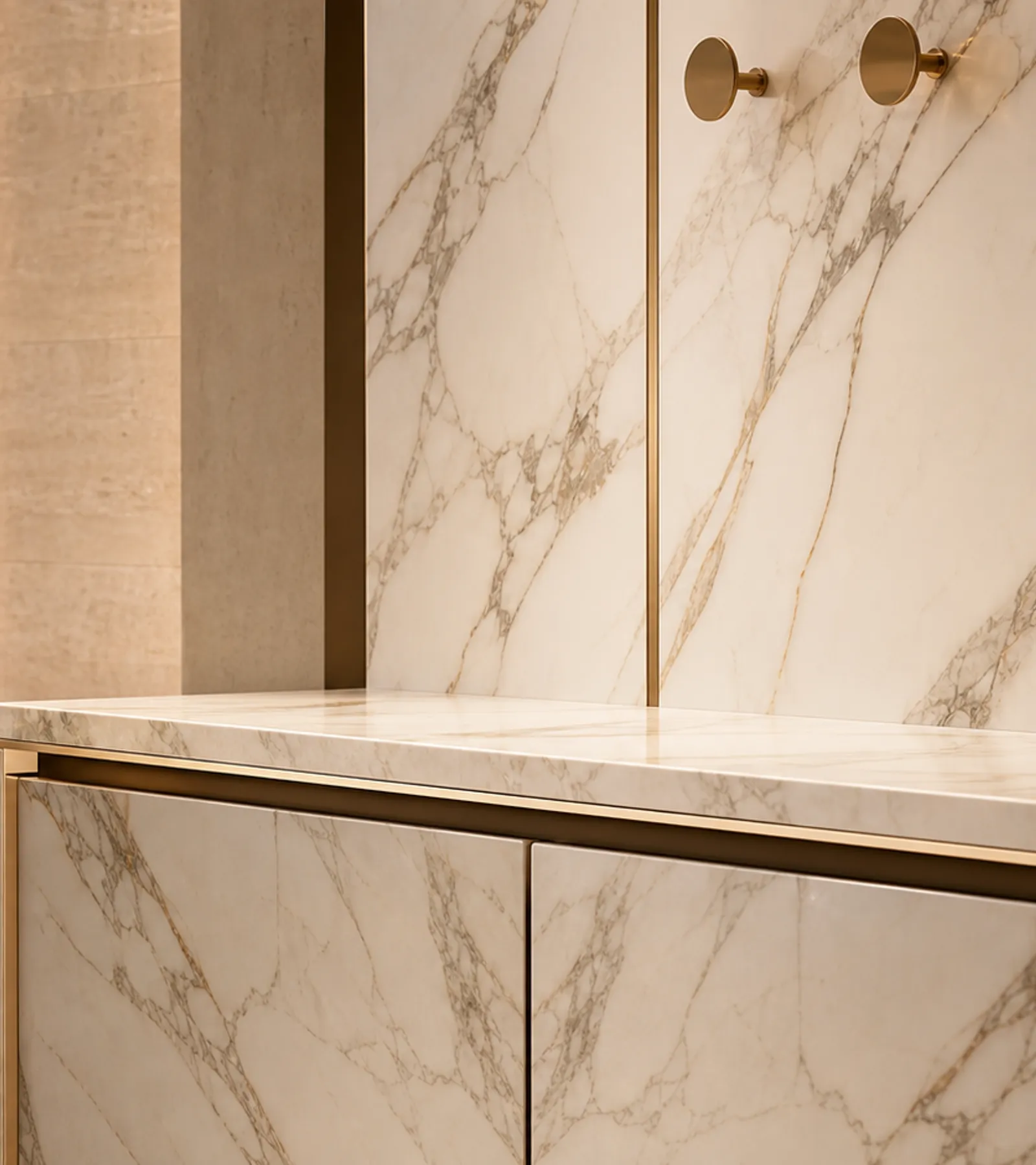 Fadior Loggia Entryway Suite with Italianate Marble Parcel Console — close-up of stainless steel finish and hardware detail