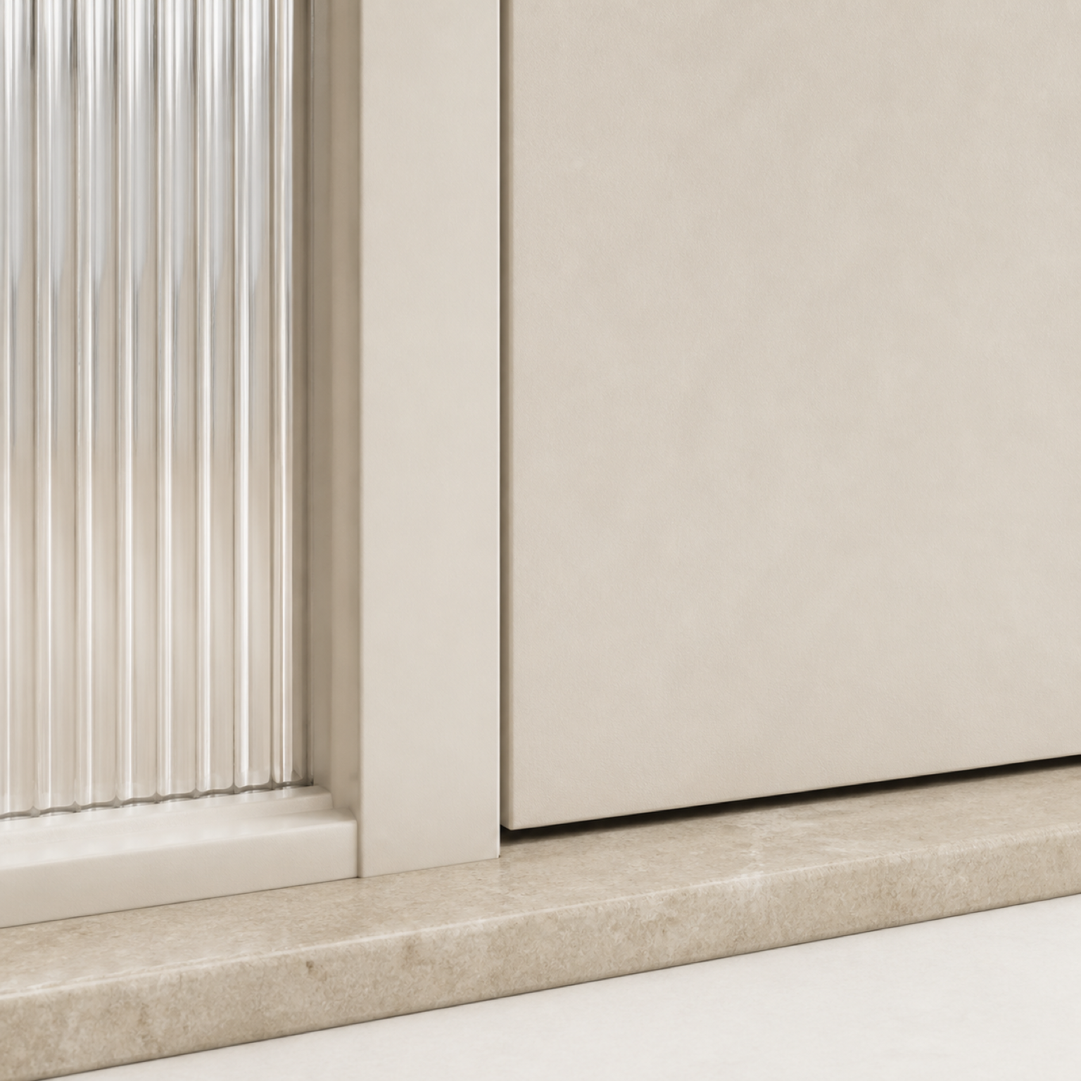 Fadior Alabaster Interior Door Suite with Fluted Sidelight Passage Door — close-up of stainless steel finish and hardware
