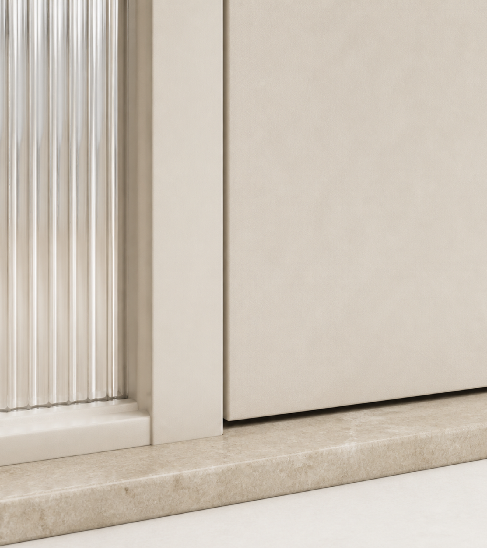 Fadior Alabaster Interior Door Suite with Fluted Sidelight Passage Door — close-up of stainless steel finish and hardware