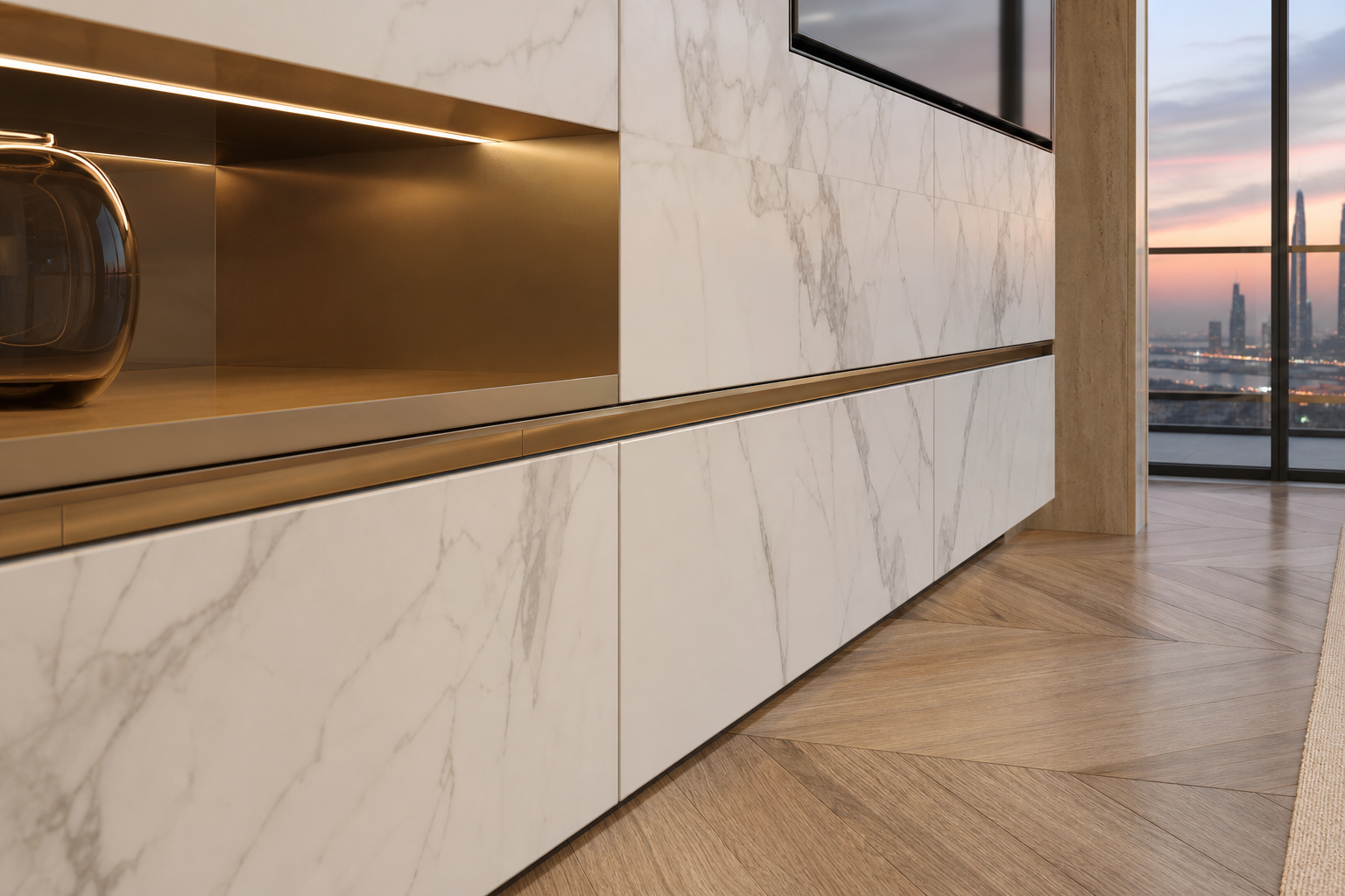 Fadior Zenith Spectral Bronze Media Wall — close-up of stainless steel finish and hardware detail