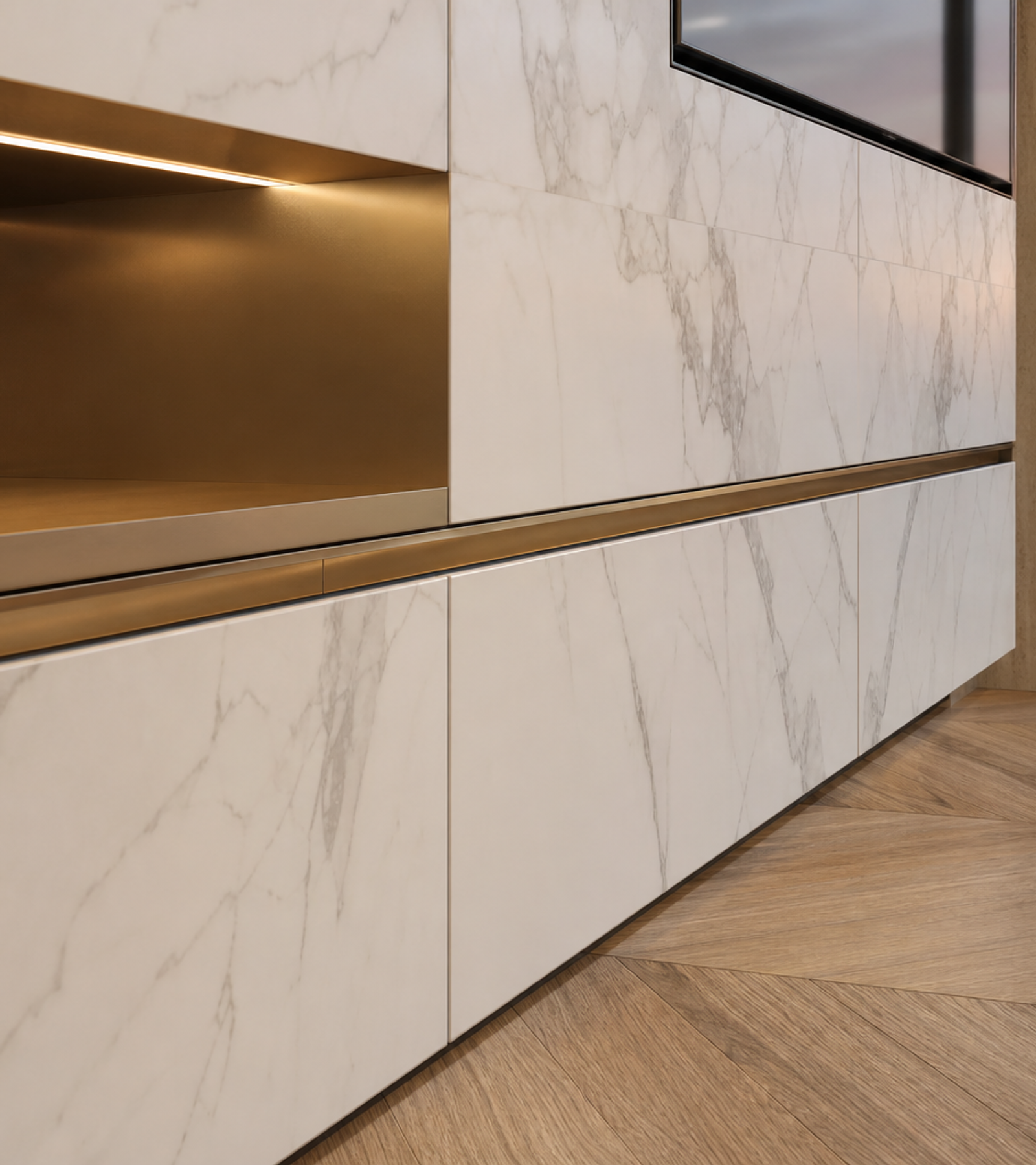 Fadior Zenith Spectral Bronze Media Wall — close-up of stainless steel finish and hardware detail