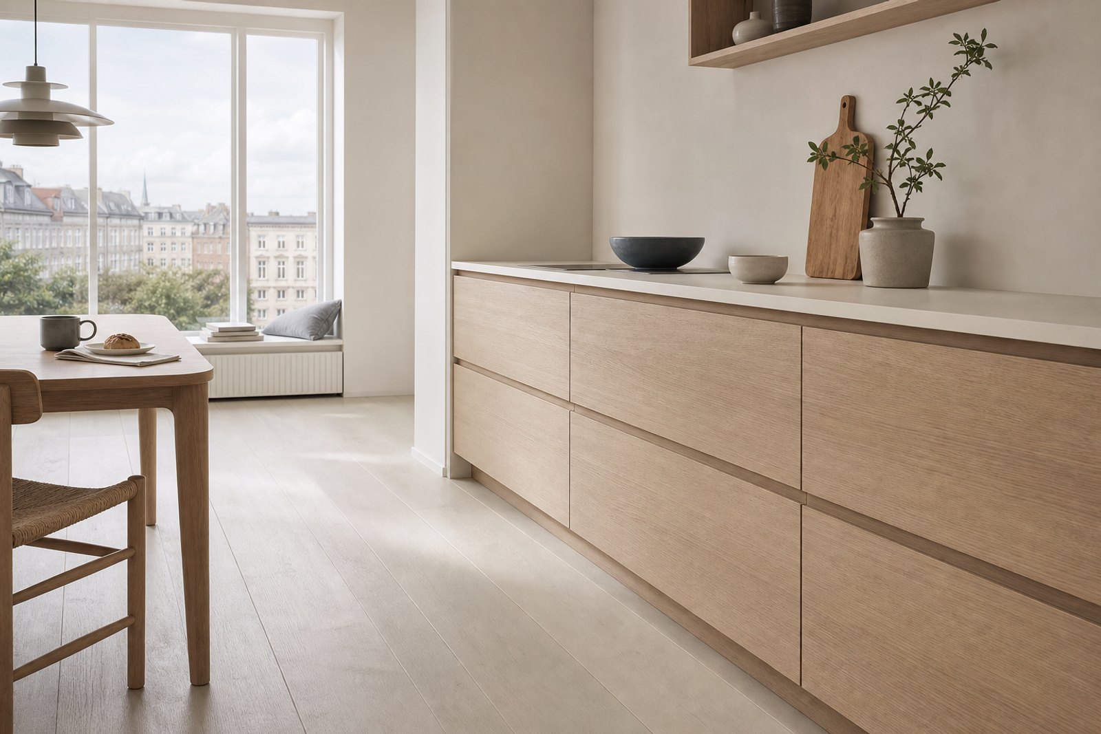 Kitchen atmosphere with blond ash drawer fronts and chalk white walls for quiet daily comfort.