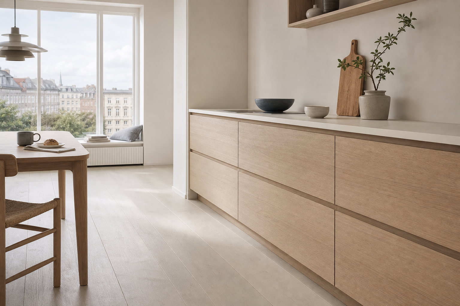 Kitchen atmosphere with blond ash drawer fronts and chalk white walls for quiet daily comfort.