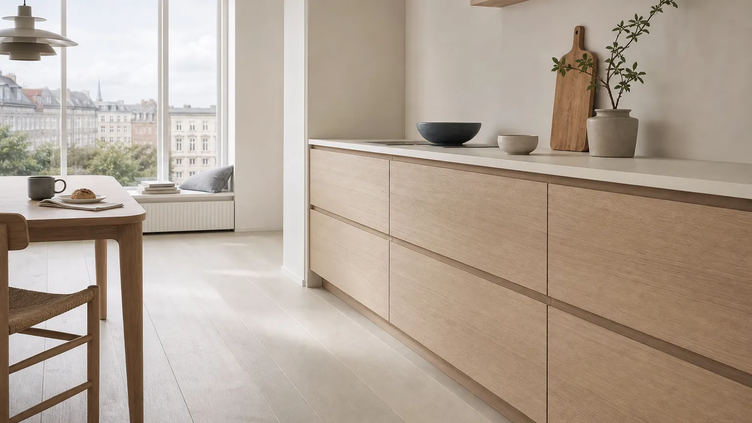 Kitchen atmosphere with blond ash drawer fronts and chalk white walls for quiet daily comfort.