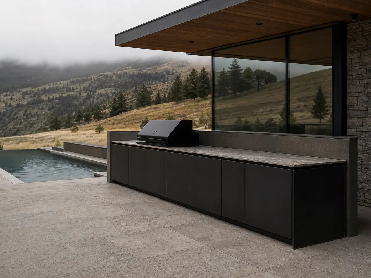 Fadior Horizon Outdoor Kitchen Suite with Charcoal Parapet Serving Run - 304 stainless steel outdoor kitchen cabinetry with grill, sink, prep counter, weather-ready storage, and open-air use