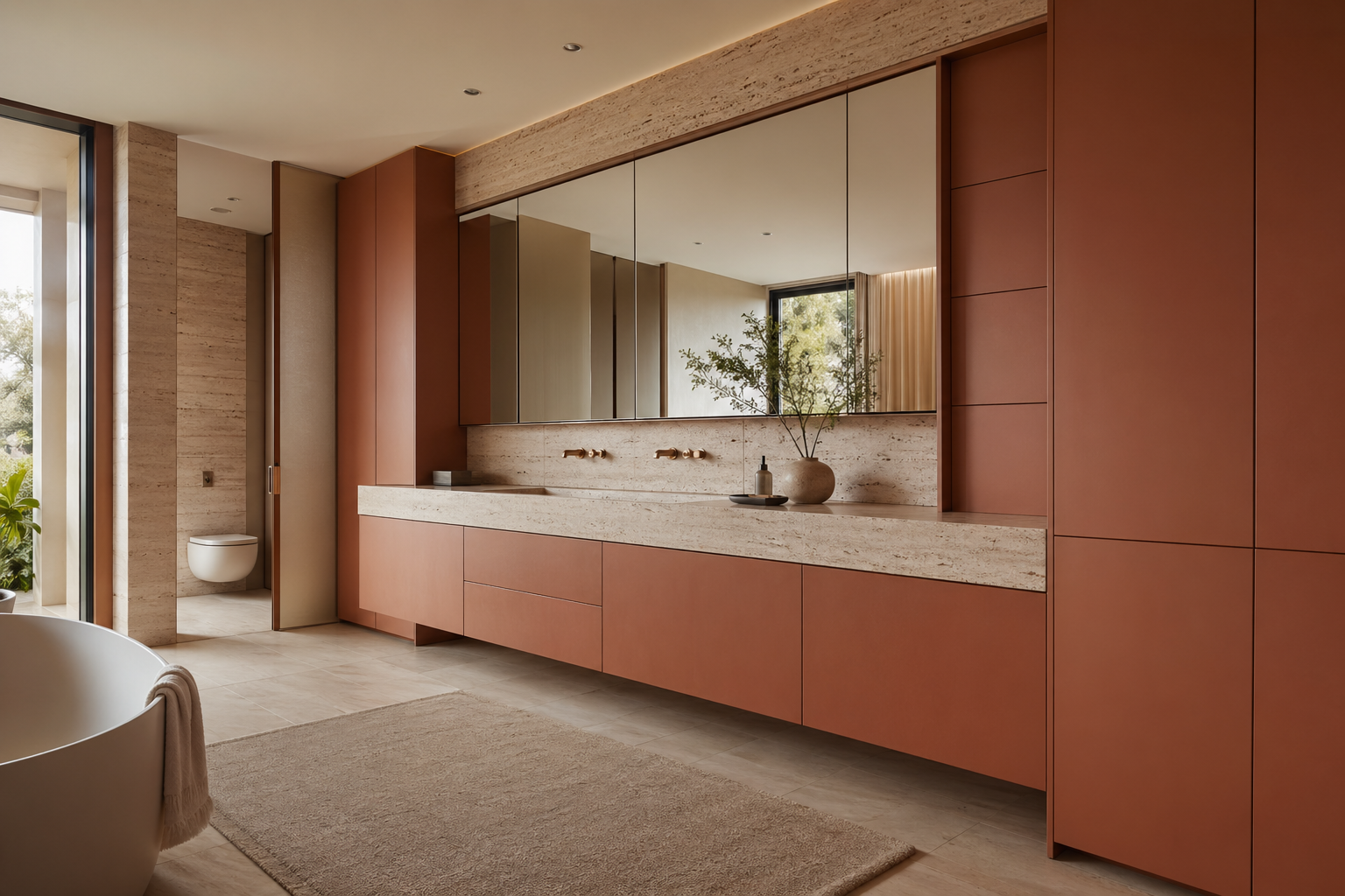 Fadior Nacre Bath and Vanity Suite with Low-Silica Travertine Ledge — interior room context showing cabinet integration