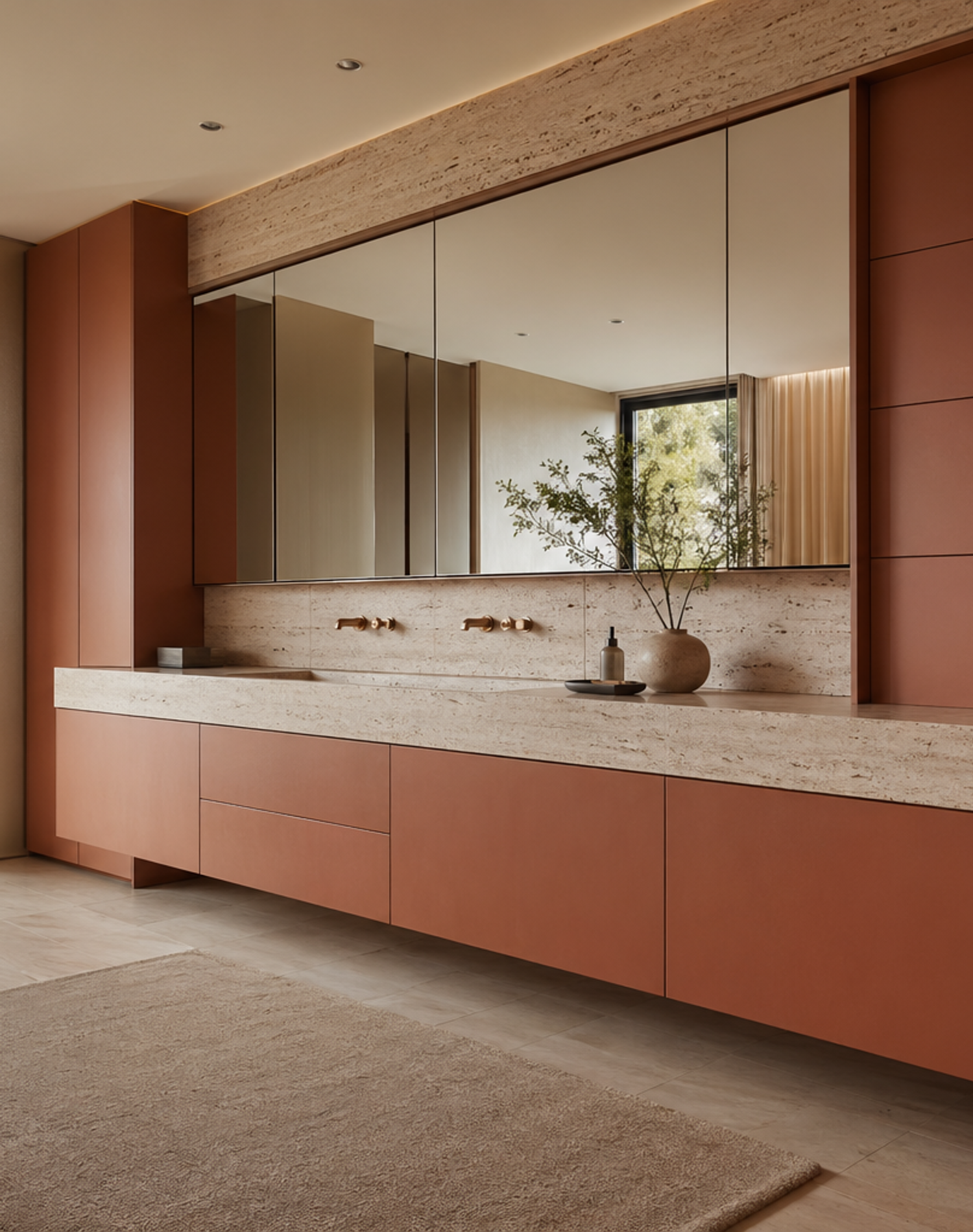 Fadior Nacre Bath and Vanity Suite with Low-Silica Travertine Ledge — interior room context showing cabinet integration