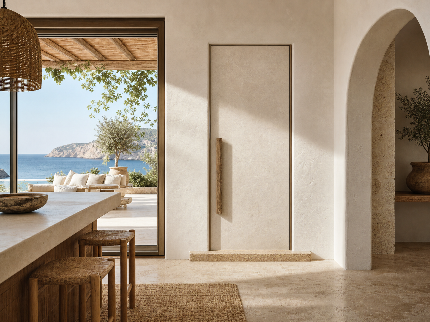 Fadior Alabaster Interior Door Suite with Pale Stone Threshold Door — interior room context showing cabinet integration