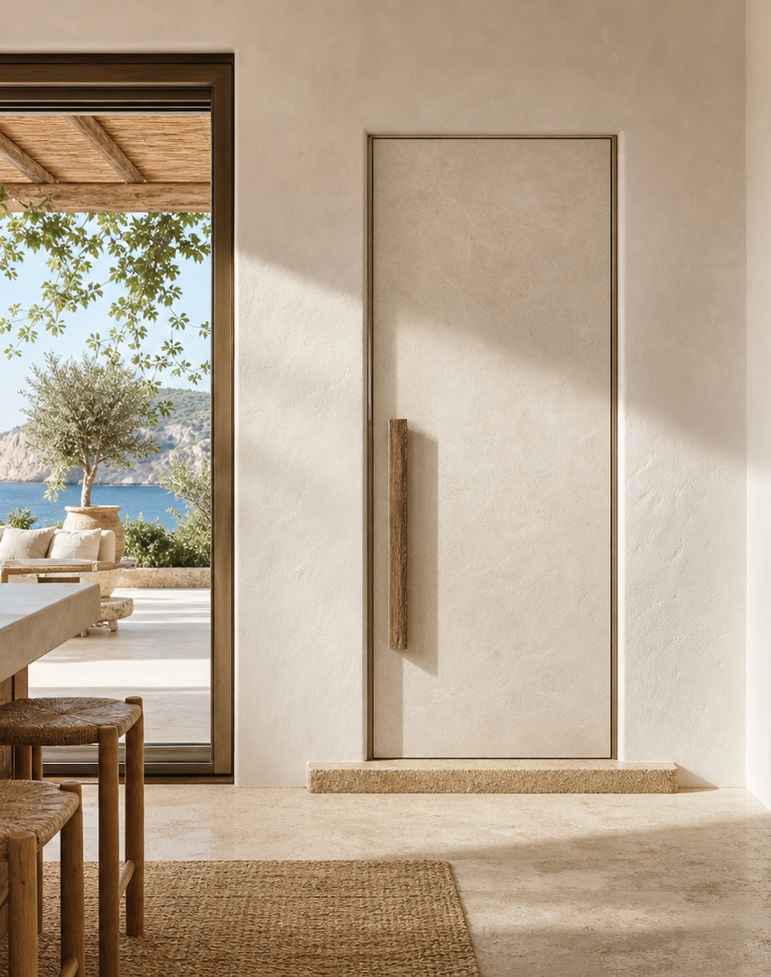 Fadior Alabaster Interior Door Suite with Pale Stone Threshold Door — interior room context showing cabinet integration