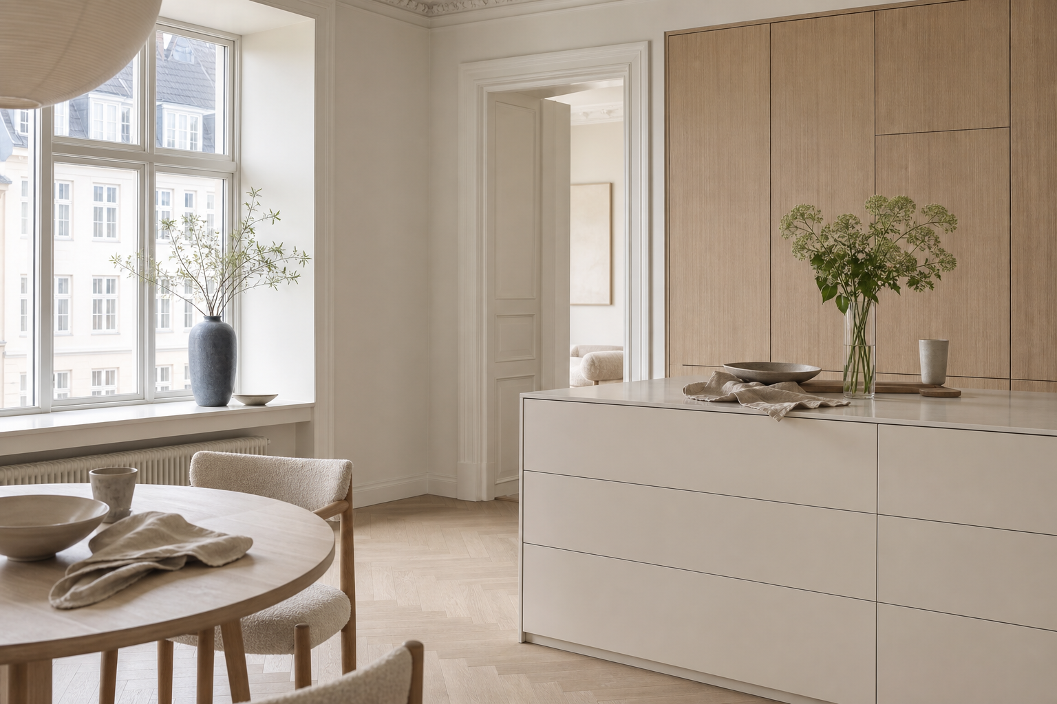 Kitchen context with oak veneer pantry wall and lambswool seating for quiet family hosting.