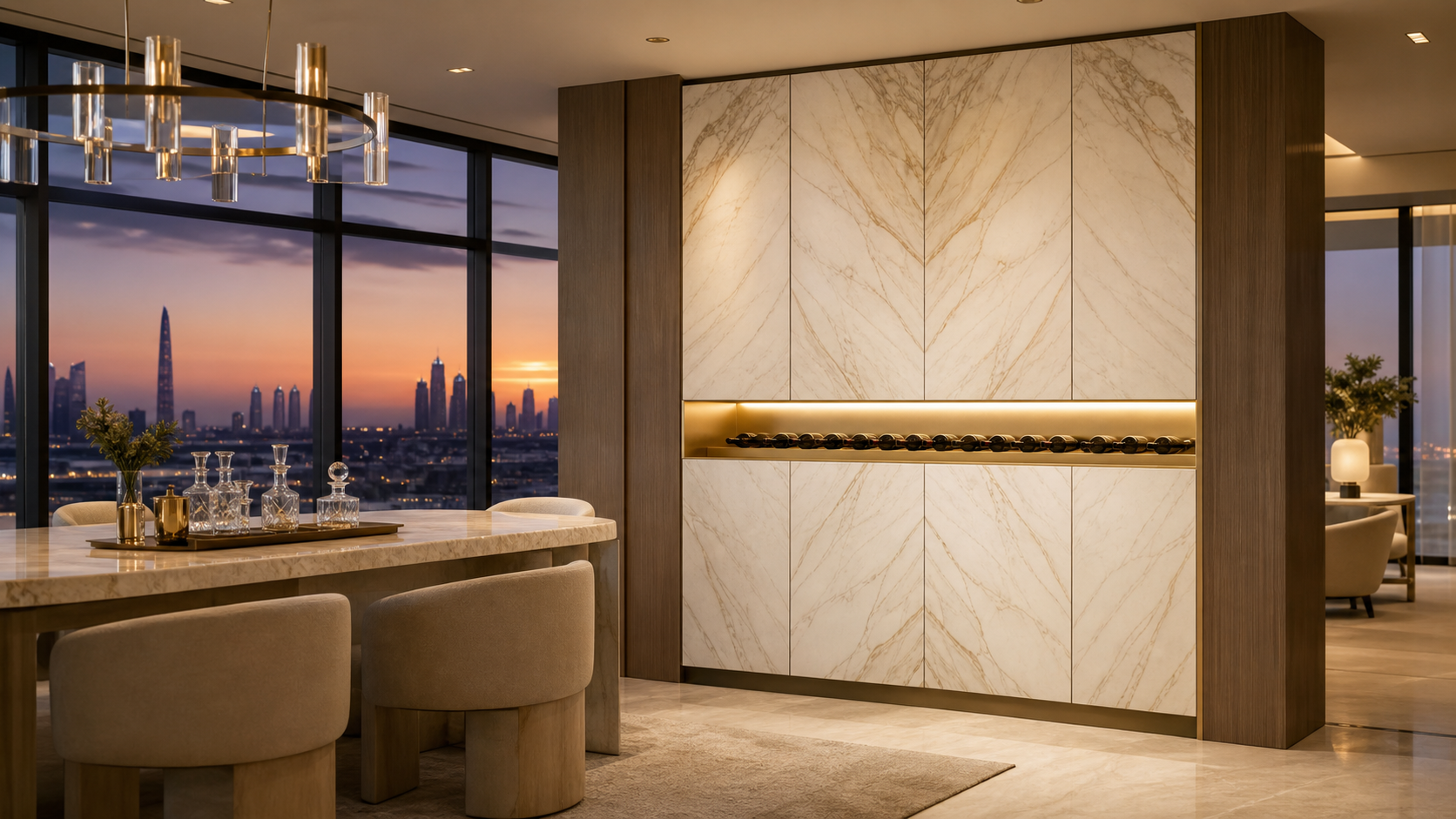Fadior Gloria Wine Cabinet Suite with Ledger Bottle Aperture — lifestyle setting with natural light and residential styling