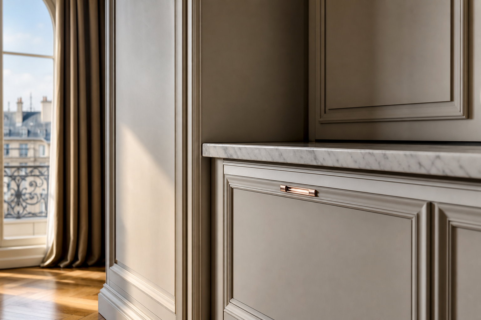 Fadior Continuum Kitchen Suite with Boiserie Appliance Hearth — close-up of stainless steel finish and hardware detail