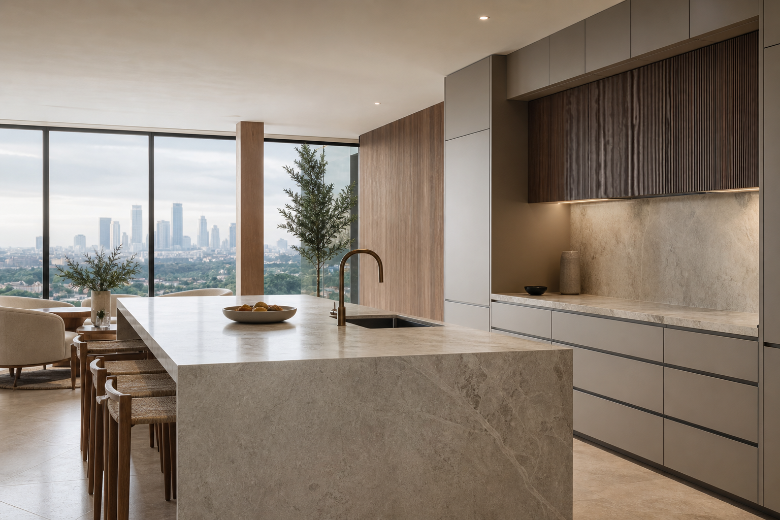 Fadior Houston 250 sqm Kitchen Penthouse — Fadior Houston finish setting — oak panel, quartzite counter, limestone floor,