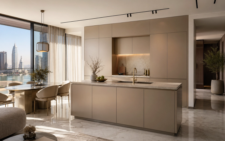 Fadior Dubai Compact Residence — cabinet island, marble floor, balcony window, skyline — 304 stainless steel cabinetry installation by Fadior